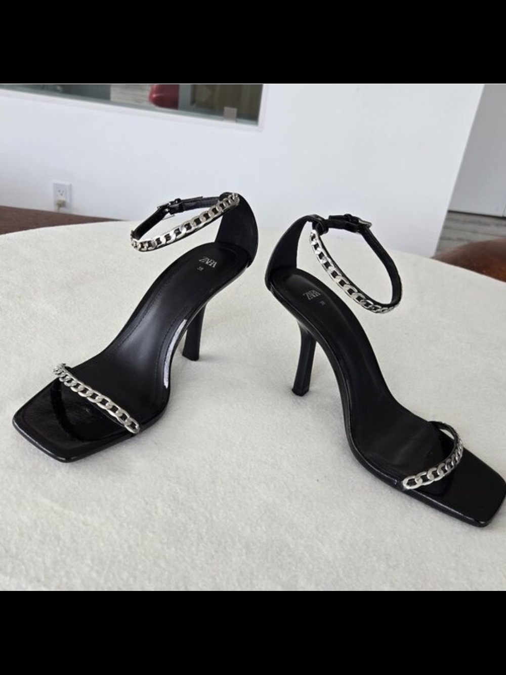 Zara Black Patent Chain-Strap Heeled Sandals — Sz 38 (US 7.5/8) - Picture 8 of 15